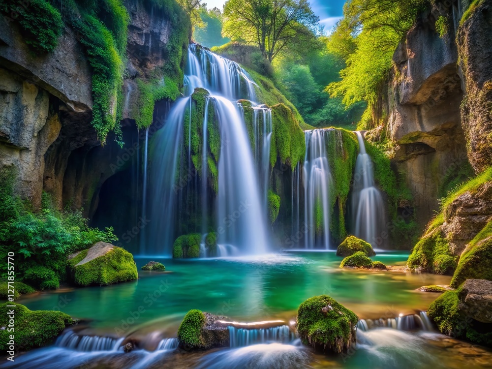 Fototapeta premium Ethereal Long Exposure of Underground Waterfalls, Stiffe Caves, Abruzzo, Italy