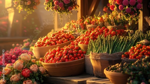A colorful display of fresh produce, including tomatoes, strawberries