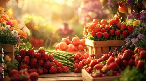 A table full of fresh fruits and vegetables, including strawberries, tomatoes