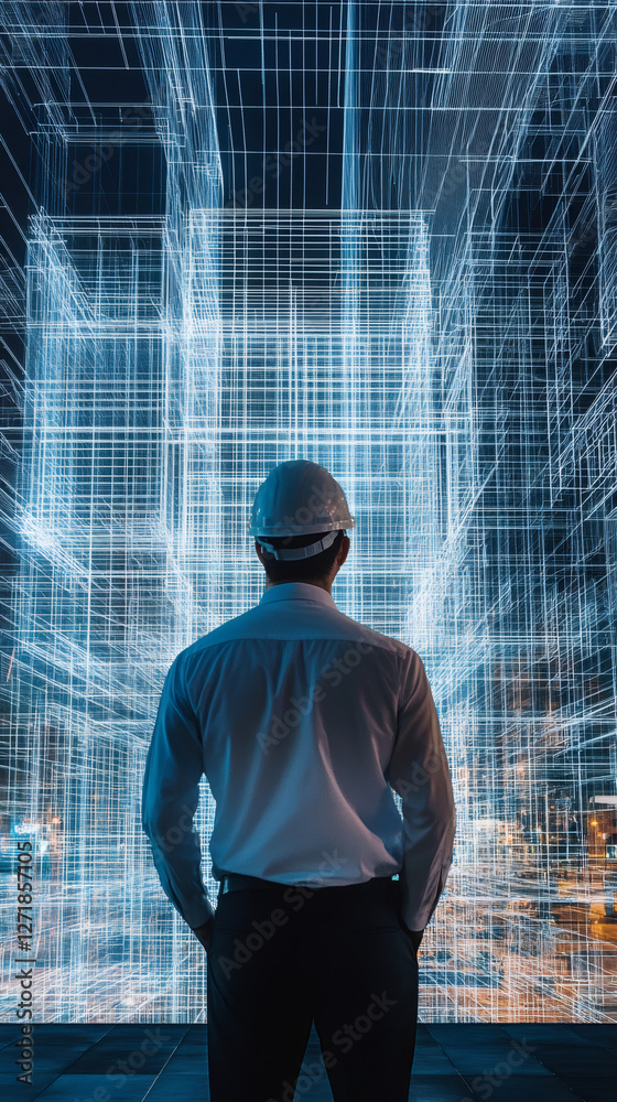 Architect wearing safety helmet looking at futuristic hologram of 3d building projection at night Architect wearing safety helmet looking at futuristic hologram of 3d building projection at night