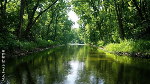 Serene Canal Pathway Through Lush Green Foliage