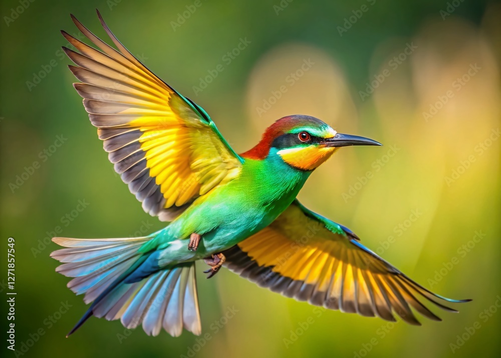 European Bee-eater Bird in Flight, Vibrant Green Yellow Blue Feathers, Aerial View European Bee-eater Bird in Flight, Vibrant Green Yellow Blue Feathers, Aerial View