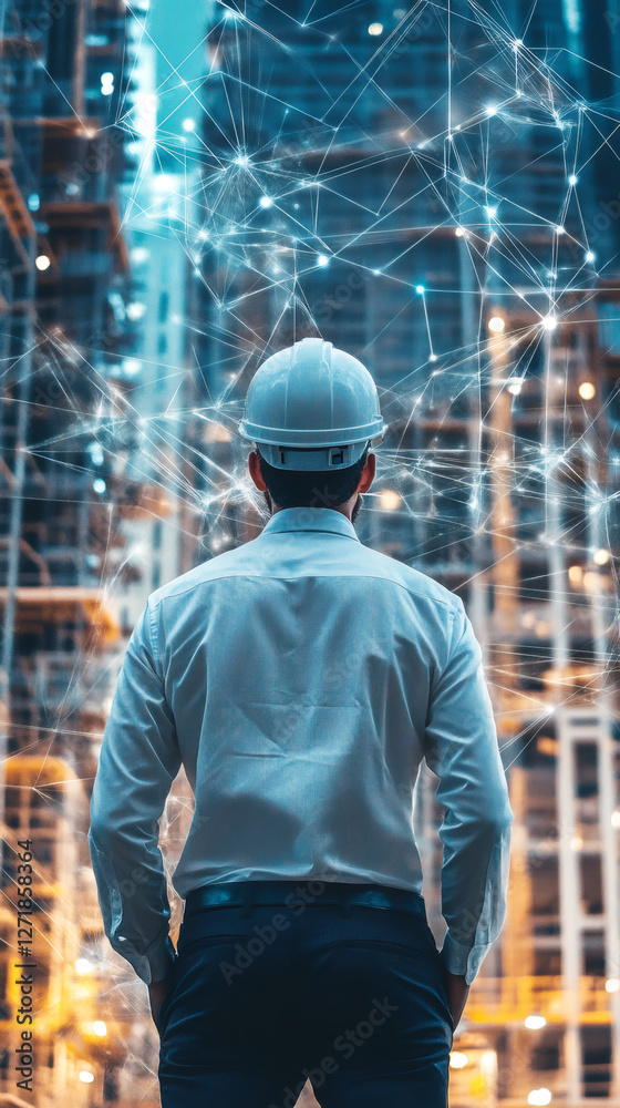Engineer wearing safety helmet looking at building construction site with network connections, concept of smart city and internet of things Engineer wearing safety helmet looking at building construction site with network connections, concept of smart city and internet of things