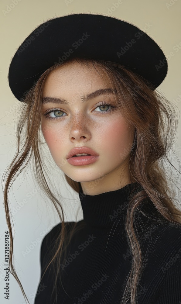 Young woman in black turtleneck and hat poses with natural makeup Young woman in black turtleneck and hat poses with natural makeup