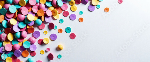 A colorful pile of confetti with a white background. The confetti is in various colors and sizes, creating a festive and celebratory atmosphere