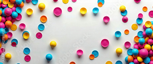 A colorful pile of confetti with a white background. The confetti is in various colors and sizes, creating a festive and celebratory atmosphere
