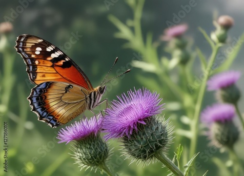 delicate butterfly on the edge of a thistle violet, thistle violet, garden