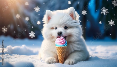 chihuahua in snow Eating ice cream with cat