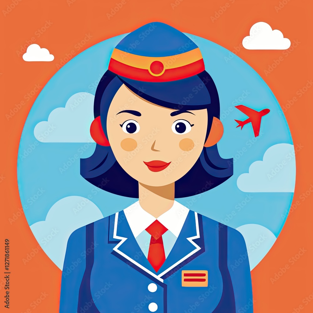 Flight Attendant smiling against a blue sky background Flight Attendant smiling against a blue sky background