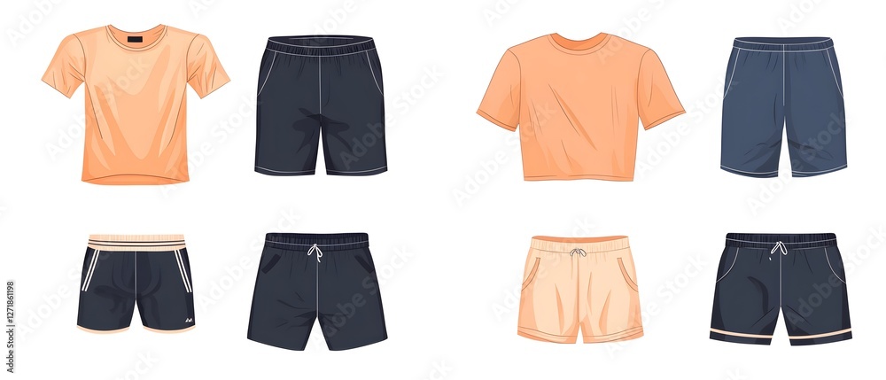 A collection of shorts and shirts in various colors A collection of shorts and shirts in various colors