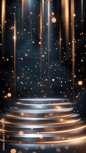 Elegant golden staircase illuminated with shimmering lights in a dark ambiance suitable for an event