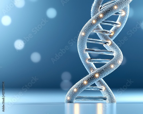 Abstract DNA structure illuminated with glowing lights on a blue background. photo