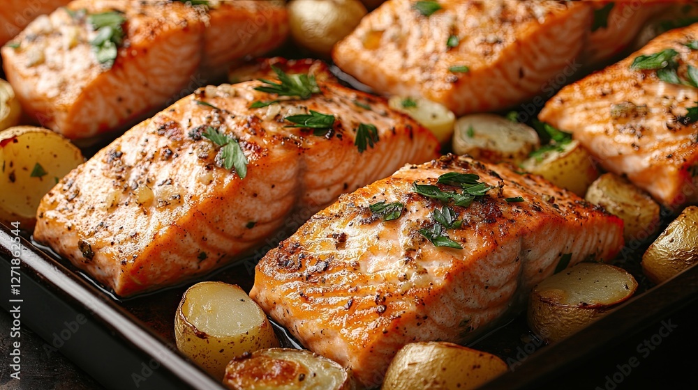 Roasted salmon fillets with potatoes and onions on a baking sheet. -- Roasted salmon fillets with potatoes and onions on a baking sheet. --