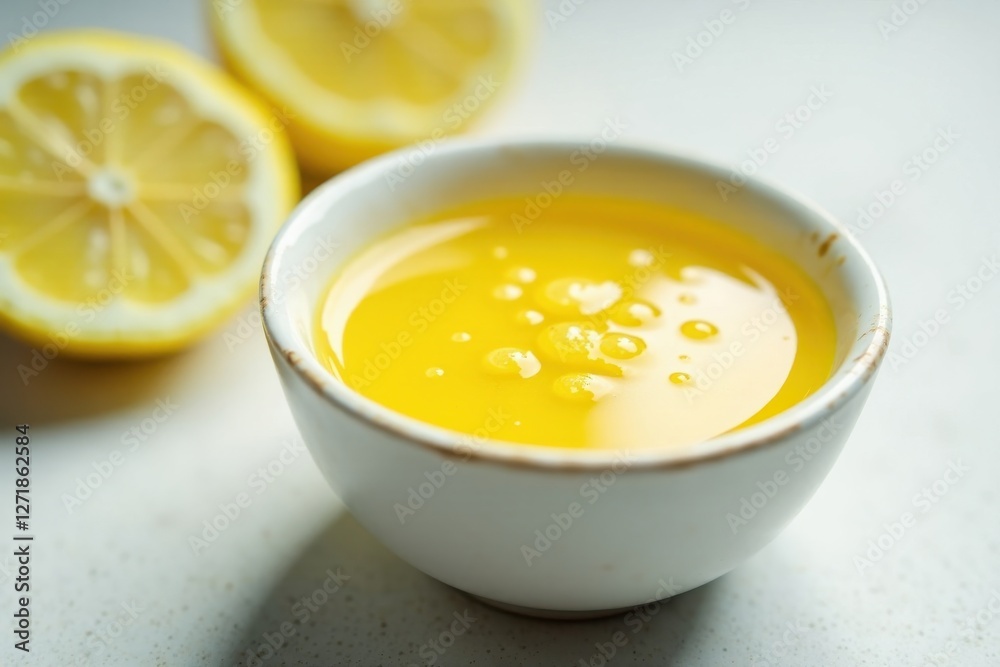 A small bowl of vibrant yellow citrus juice, featuring tiny bubbles on the surface, sits beside two halves of fresh citrus fruit. A small bowl of vibrant yellow citrus juice, featuring tiny bubbles on the surface, sits beside two halves of fresh citrus fruit.