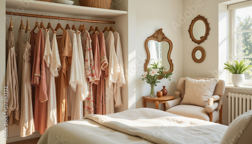 Traditional Eid outfits hanging in stylish bedroom wardrobe, celebration