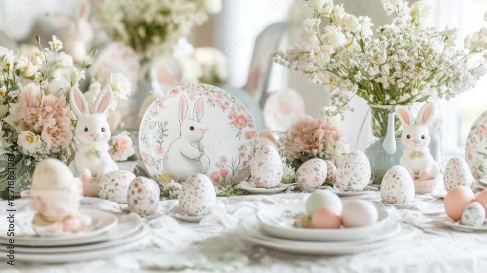 Elegant easter table setting with floral decor and decorative bunnies Elegant easter table setting with floral decor and decorative bunnies