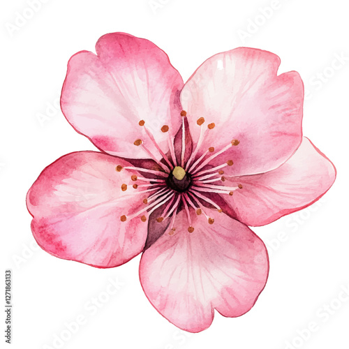 Pink flower illustration, isolated on white. Spring blossom element for design needs. Realistic petals and stamens. Vector clip art. Pink cherry flower, sakura bloom, spring card single design element