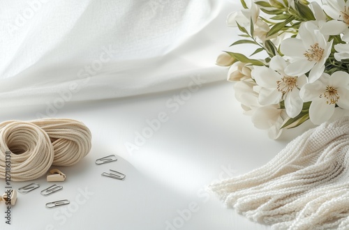 Crafting materials on a light background with natural floral arrangement and ...