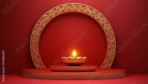 Elegant diya lamp on decorative platform with circular pattern in rich red se...