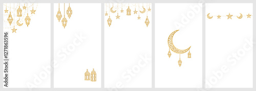 Ramadan or Al-Adha golden shiny decoration. Lanterns, crescent, stars. Traditional islamic border, holiday frame isolated. Vertical format for social media. Transparent background in vector file.