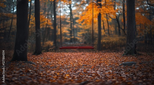 Red swing hanging in a serene autumn forest during the golden hour