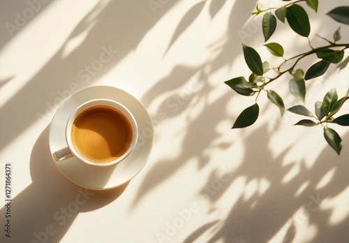 Enjoying a cup of coffee with soft shadows and greenery in a relaxing indoor ...