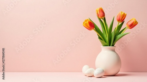 A delicate bouquet of vibrant orange tulips in a smooth, round vase, complemented by speckled eggs resting gently on a soft pink surface
