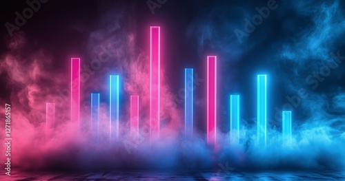 Colorful neon bars glowing against a dark background with mist in an artistic...