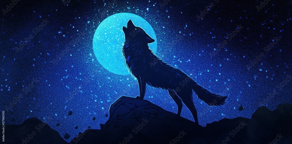 Fototapeta premium Lone wolf howls at the moon under starry night