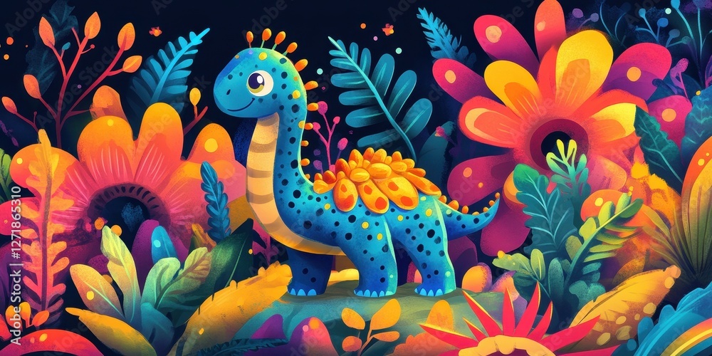 Fototapeta premium Blue cartoon dinosaur amidst colorful flowers and lush foliage