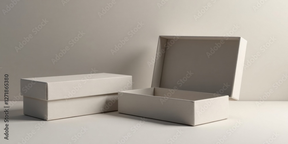 Two simple, unopened and opened beige cardboard boxes on a neutral background provide a clean and minimalist product display setting Two simple, unopened and opened beige cardboard boxes on a neutral background provide a clean and minimalist product display setting