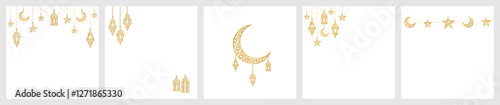 Ramadan or Al-Adha golden shiny decoration. Lanterns, crescent, stars. Traditional islamic border, holiday frame isolated. Square format for social media. Transparent background in vector file.