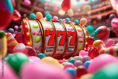 Brightly colored candy-themed slot machine spins joyfully in a festive atmosphere