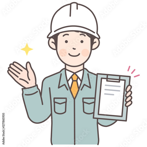 人物_線画03_資料を見せながら案内する建設作業員男性_ol