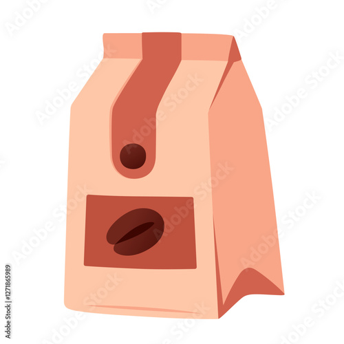 Vector illustration with coffee bag, closed kraft package with ground coffee, or coffee beans. Hand drawn full length clip art element isolated on white background.