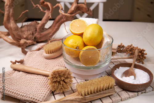 Natural homemade cleaning products with fresh lemon juice, and castile soap for all natural cleaning spray