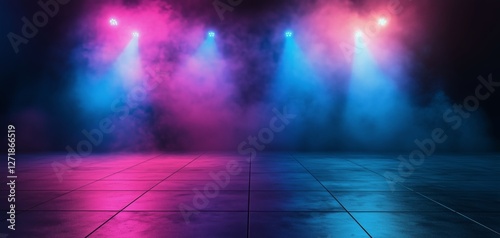 Colorful lights and fog create an energetic atmosphere in a dance hall at night