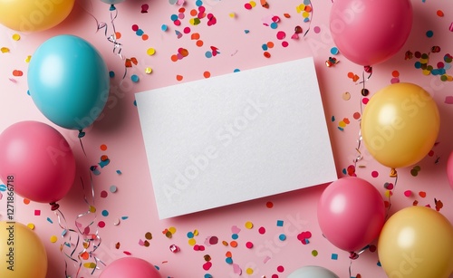 Colorful celebration setting with balloons and confetti on a pink background ...