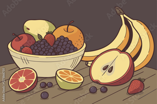  Vibrant fresh fruit still life, colorful assortment, apples, pears, bananas, oranges, grapes, berries, lemons, photorealistic, high detail, soft lighting, rich colors, glossy surfaces, wooden table