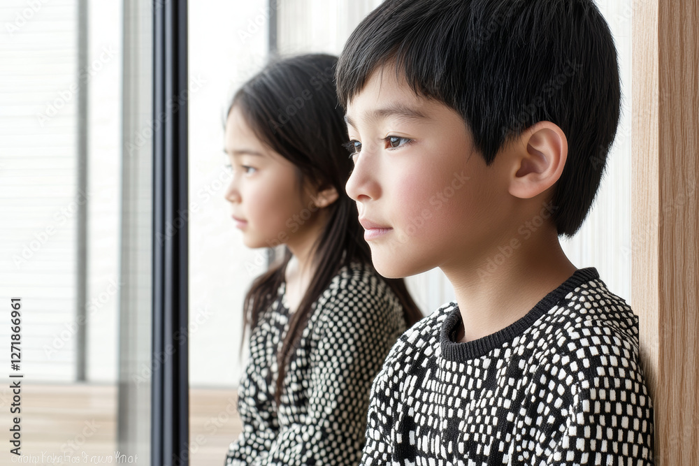 Thoughtful Siblings Gazing Out a Window in Matching Outfits Thoughtful Siblings Gazing Out a Window in Matching Outfits
