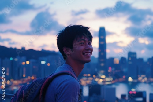 Man with backpack in urban landscape