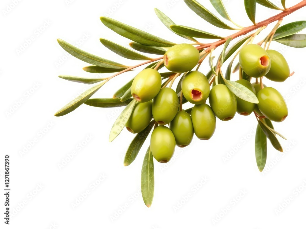 Fresh green olives branch on isolated background, greenery, fresh produce, herbal imagery Fresh green olives branch on isolated background, greenery, fresh produce, herbal imagery
