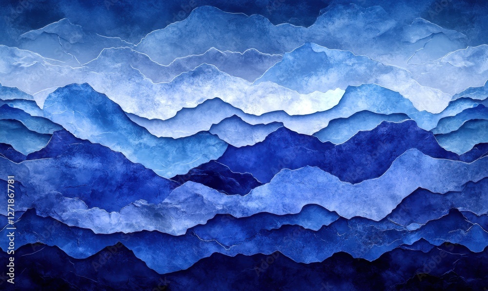 Abstract layered mountain landscape in shades of blue, evoking tranquility and depth Abstract layered mountain landscape in shades of blue, evoking tranquility and depth
