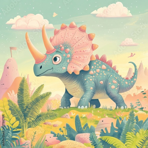 Cute pastel triceratops dinosaur stands amidst a colorful prehistoric landscape