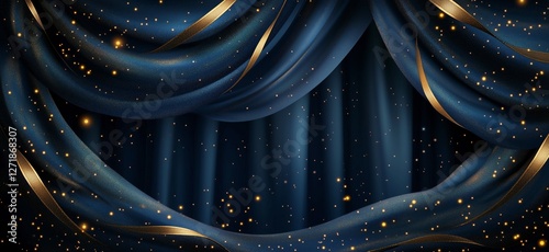 Dramatic dark blue curtain with shimmering stars and golden ribbons enhancing...