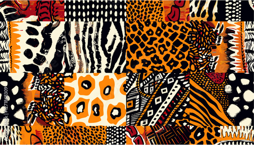 Abstract tribal pattern, wild animal skins patchwork, seamless vector fabric, African design, shirt, pillow, tablecloth, wallpaper, tribal prints, cloth, fabric pattern