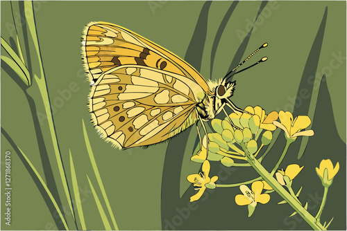  Macro photograph, delicate butterfly, golden brown wings, detailed wing patterns, perched on yellow flower, blurred green background, soft natural lighting, sharp focus on insect, shallow depth of 