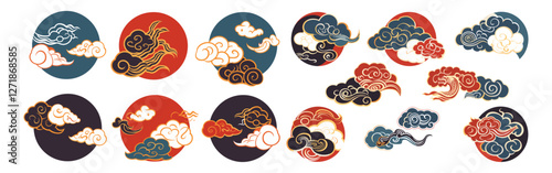 Vector illustration Asian cloud set, traditional Chinese, Korean, Japanese ornaments, oriental style, retro decoration elements, sky collection, cloudy symbols, isolated on white background