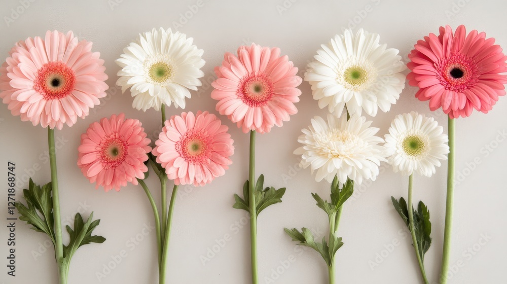 Obraz premium Elegant floral flat lay featuring pink and white gerbera daisies, gracefully positioned on a neutral background, open space allowing creative flexibility, ultra-realistic textures