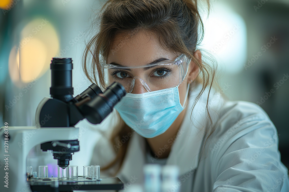 Science, microscope and innovation with a woman in a laboratory for medical research or experiment. Science, microscope and innovation with a woman in a laboratory for medical research or experiment.